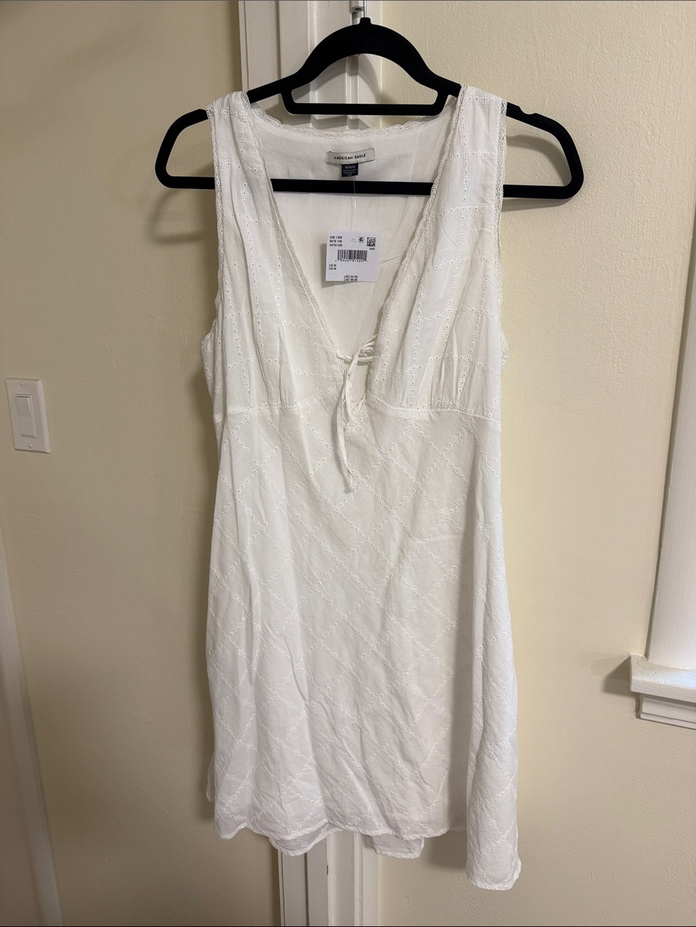 American Eagle Outfitters White Eyelet V‑Neck Mini Dress